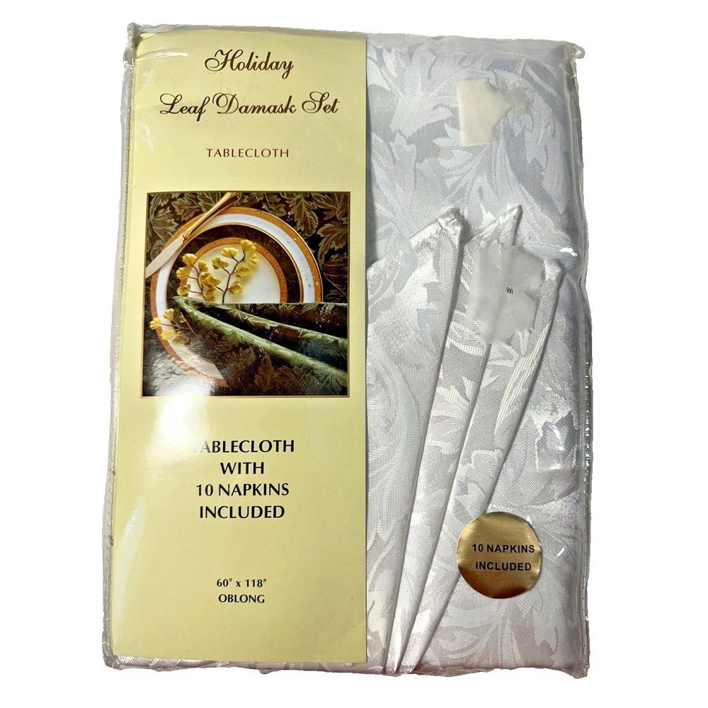 Holiday Leaf Damask Set Tablecloth with 10 Napkins Oblong 60 x 118 White